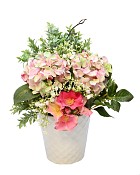 White ceramic vase with Hydrangeas, and garden Roses