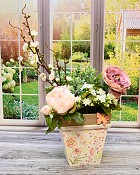Wooden Spring container with Butterfly, Ranunculus and Peonies