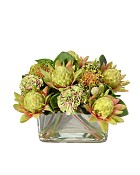 Square glass vase with Protea in faux water