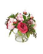 Round glass vase with Roses and Peonies in faux water