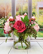 Round glass vase with Roses and Peonies in faux water