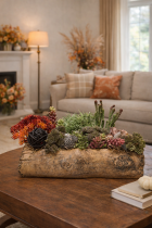Autumnal succulent arrangement on coffee table