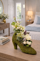 Moss-covered shoe with floral accents