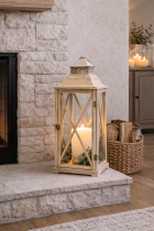Rustic lantern by the fireplace