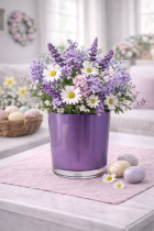 Pastel spring blooms and speckled eggs