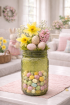 Spring mason jar centerpiece with flowers