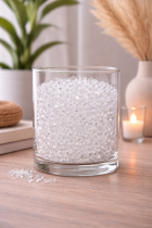 Clear acrylic ice crystals in glass container