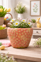 Strawberry-themed planter with spring blooms