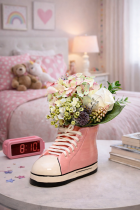 Sneaker vase with flowers in girl’s room