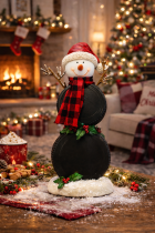 Hockey snowman beside festive fireplace