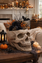 Halloween skull planter centerpiece with pumpkins