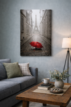 Parisian street with red umbrella
