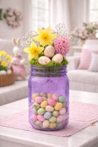 Lavender jar with spring flowers