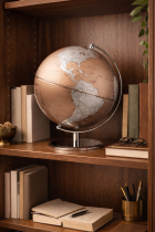 Globe and books on a wooden shelf