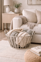 Cozy living room details with blankets
