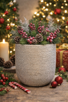 Festive holiday decorations on wooden surface