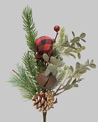 Pine Spray with Red Plaid Ball and Bell 12"