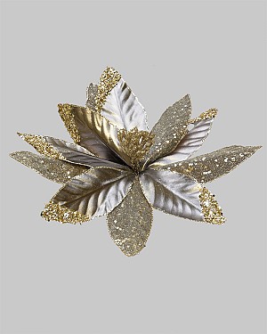 Poinsettia Head with Clip 12.5&quot; Platinum/Gold