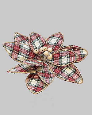 Poinsettia Head With Clip 11&quot; Red Plaid