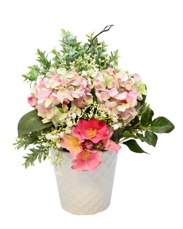 White ceramic vase with Hydrangeas, and garden Roses