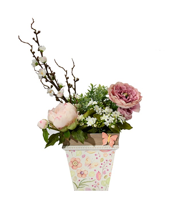 Wooden Spring container with Butterfly, Ranunculus and Peonies