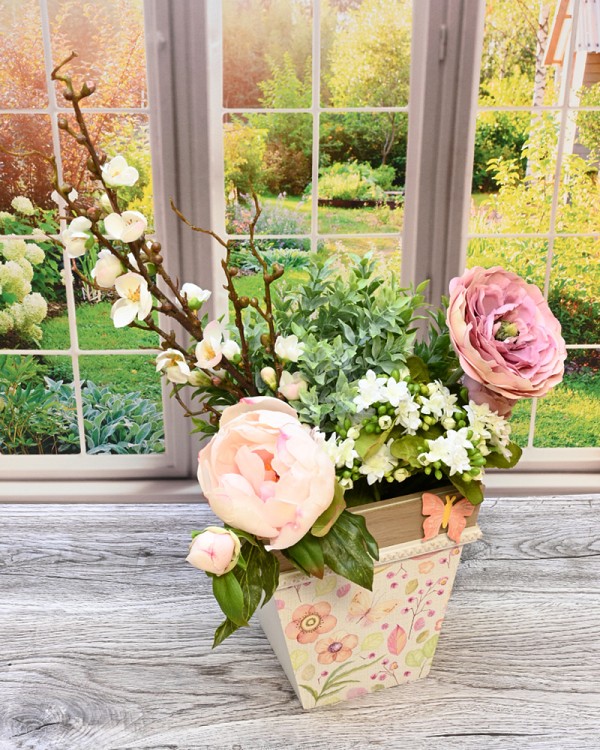 Wooden Spring container with Butterfly, Ranunculus and Peonies
