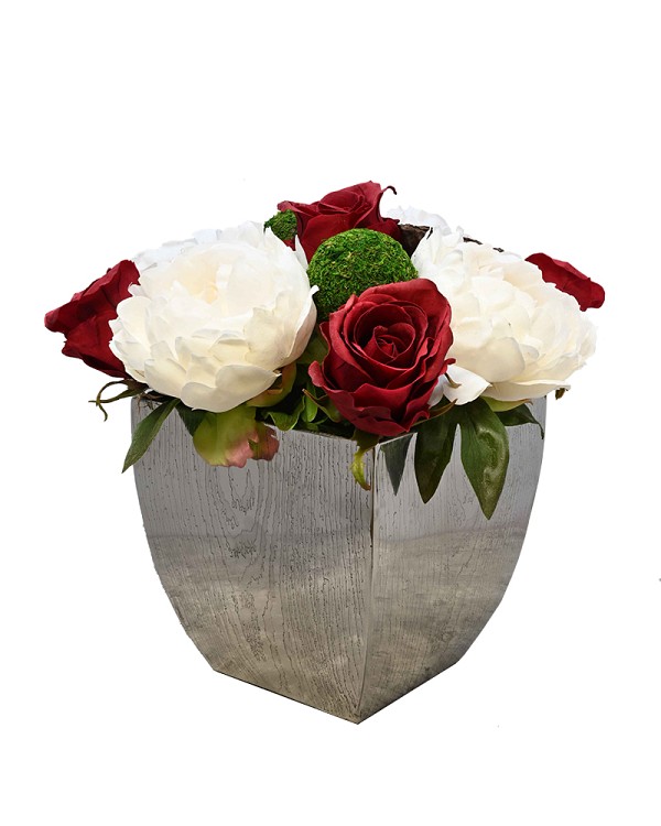 Wood grain metal container with Roses and Peonies