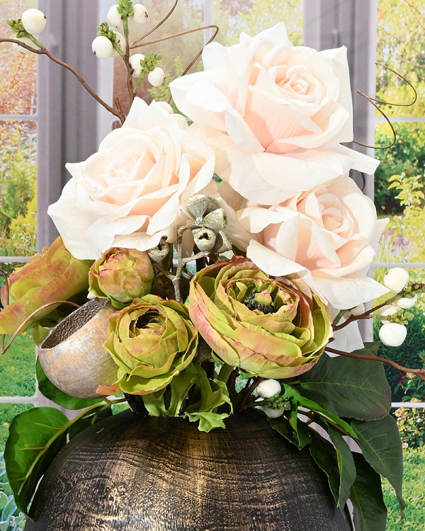 Bronze resin round container with Dutchess Roses and Ranunculus