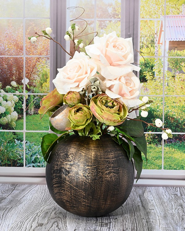 Bronze resin round container with Dutchess Roses and Ranunculus