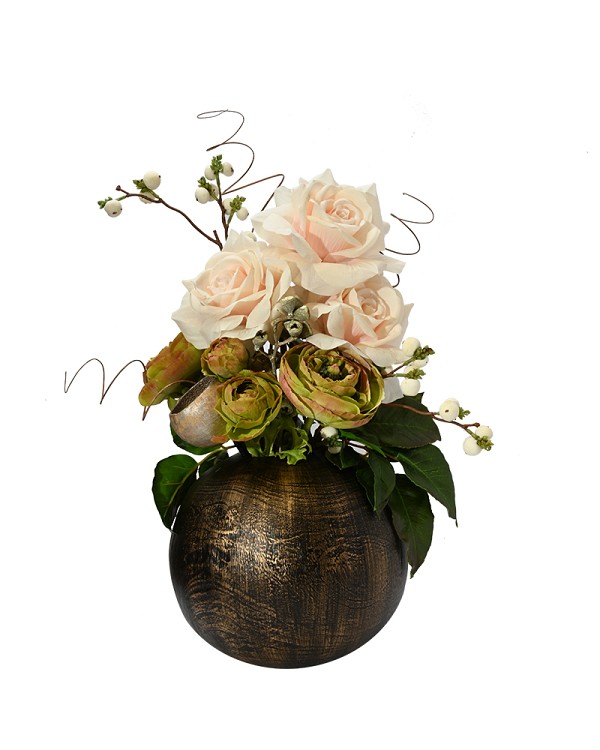 Bronze resin round container with Dutchess Roses and Ranunculus