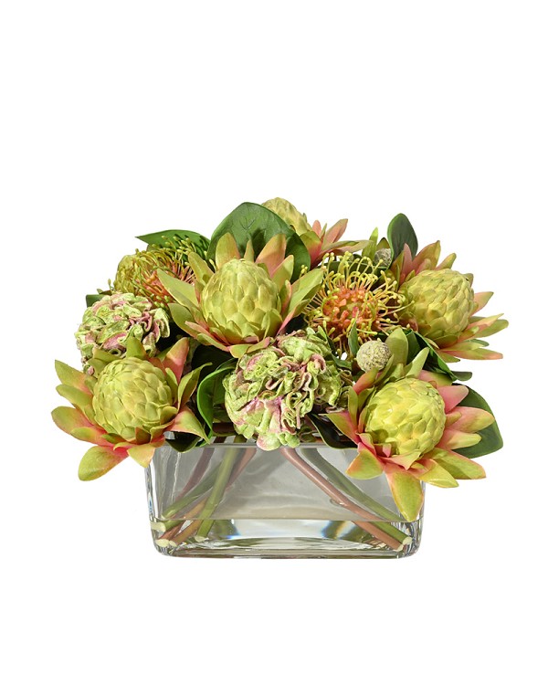 Square glass vase with Protea in faux water