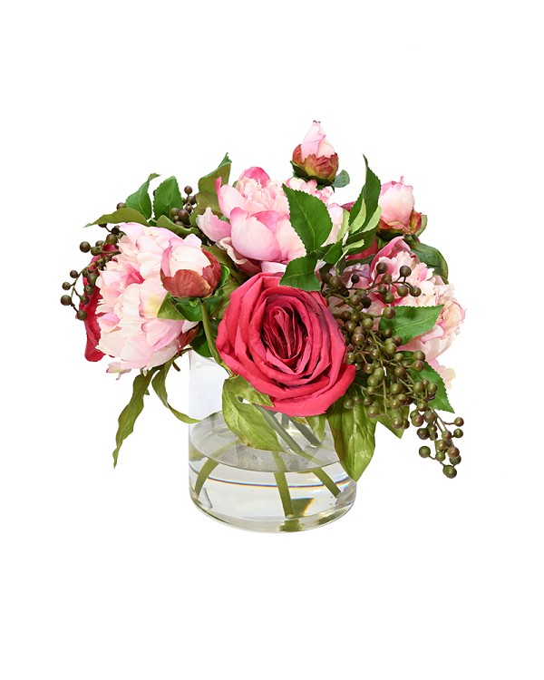 Round glass vase with Roses and Peonies in faux water