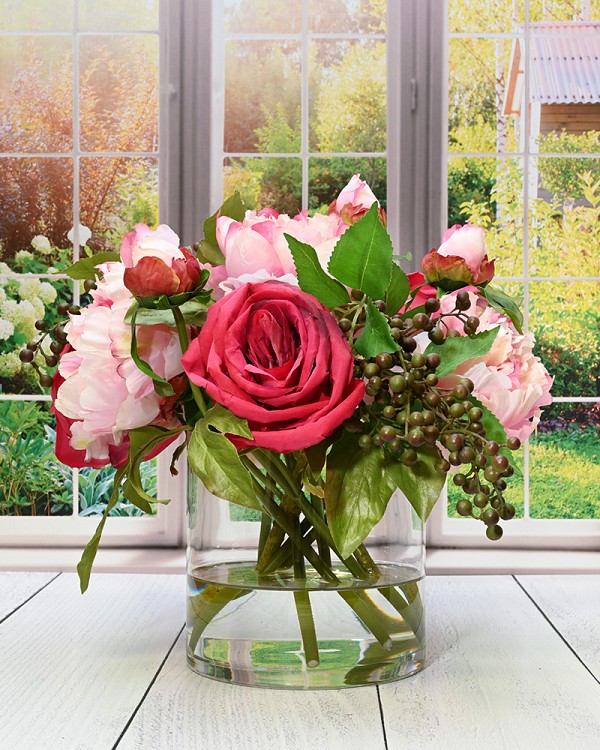 Round glass vase with Roses and Peonies in faux water