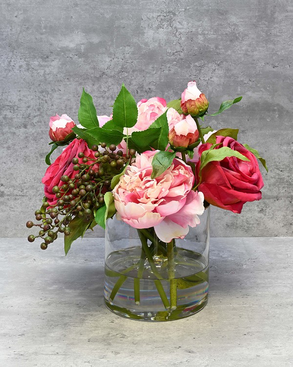 Round glass vase with Roses and Peonies in faux water