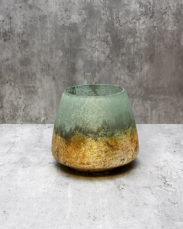 Cambria Seagreen Metallic Etched Glass Hurricane Vase 6" Diameter x 5"