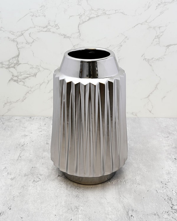 Faceted Ceramic 9" Silver Vase