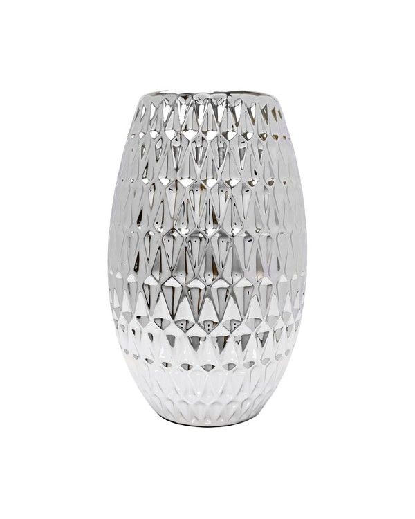 Embossed Diamond Ceramic Bullet Vase 9.75" Silver