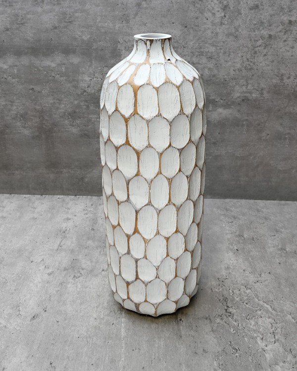 Carved Divot Resin Tall Vase White  5.5" Diameter x 15"