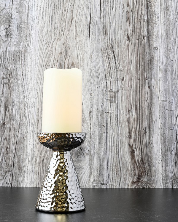 Hammered Ceramic Cone Candle Holder 7.5" Silver Finish