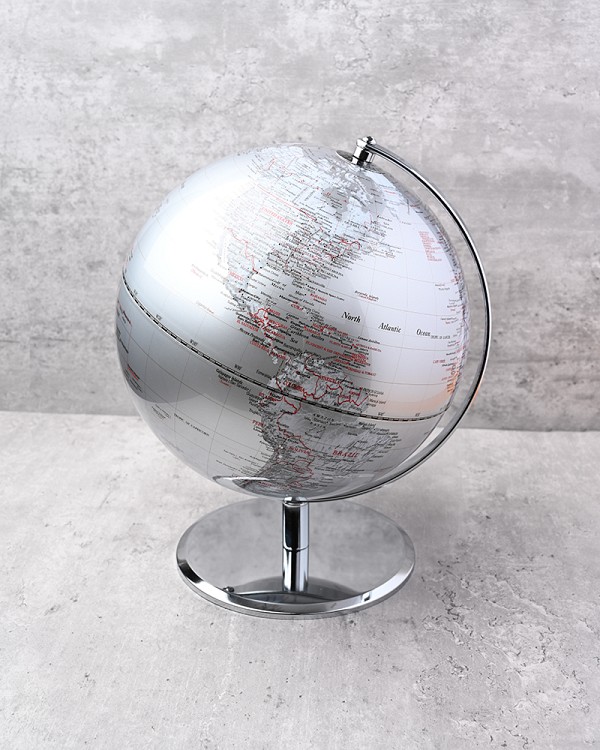 World Globe Silver Finish  9.5" Diameter x 12"