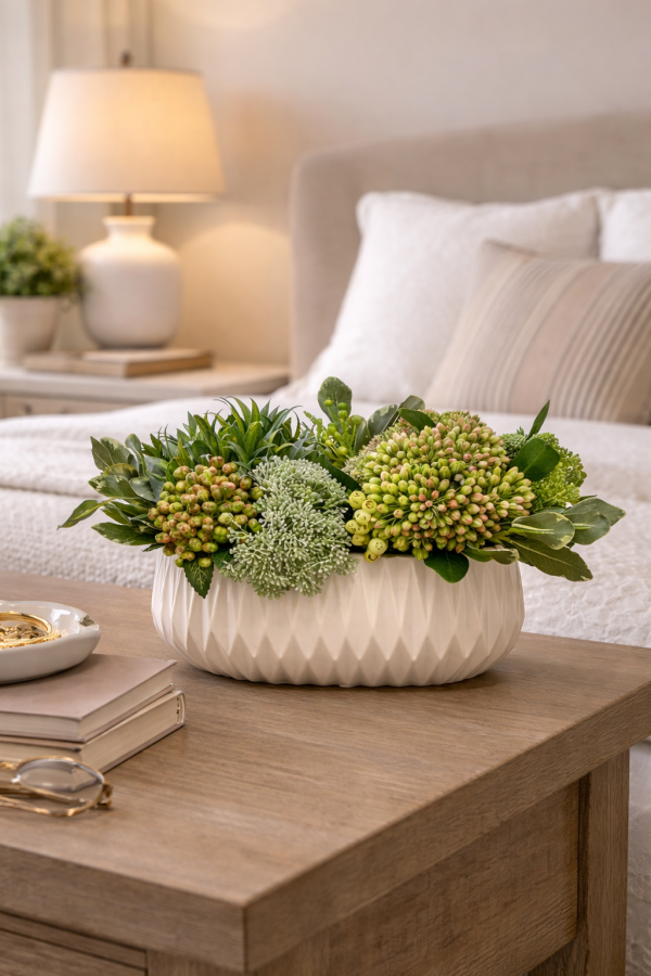 Floral arrangement on a bedside table