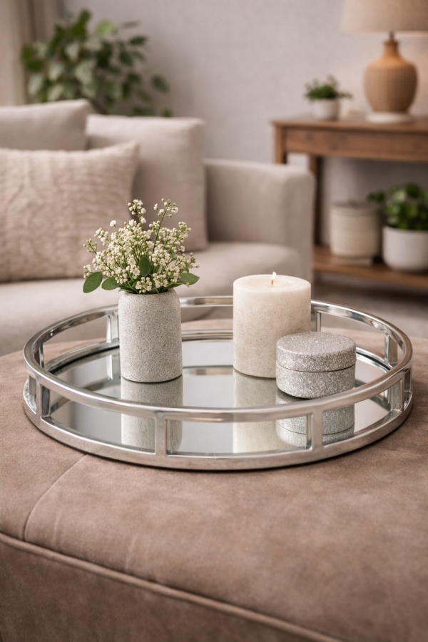 Decorative elements on mirrored tray