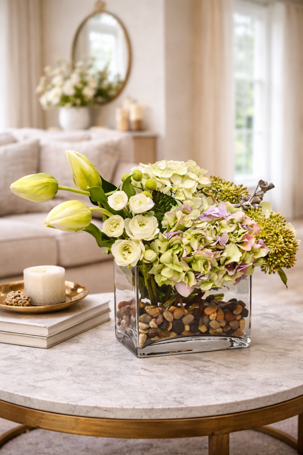 Elegant floral arrangement on marble table