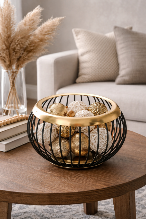 Wire bowl with decorative spheres