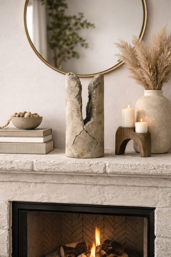 Fireplace mantel with rustic decor