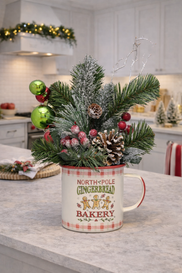 Mug of holiday cheer on countertop