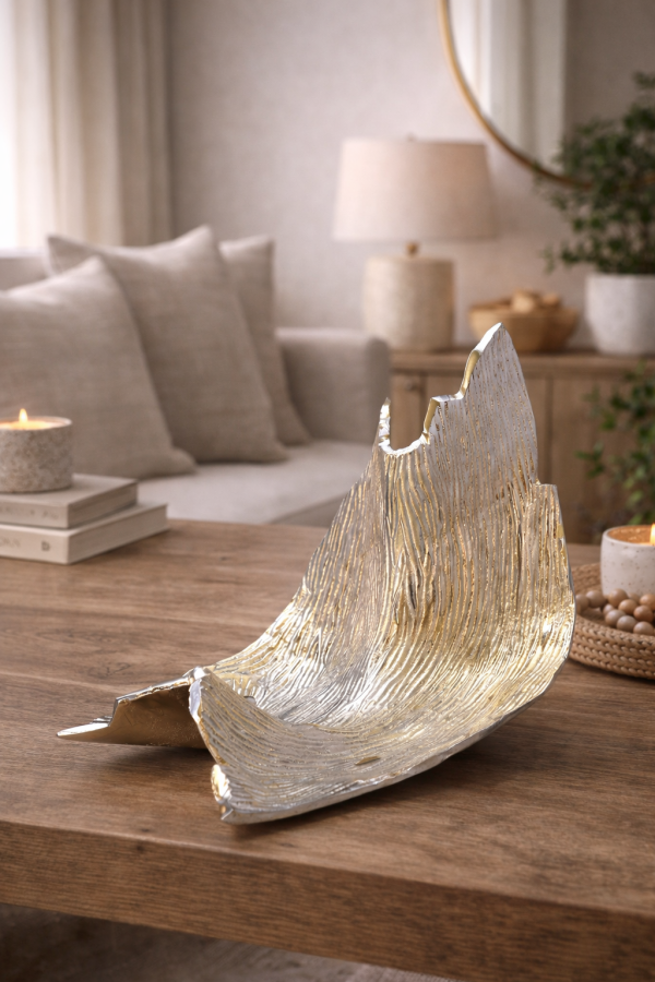 Abstract metallic bowl on wooden table