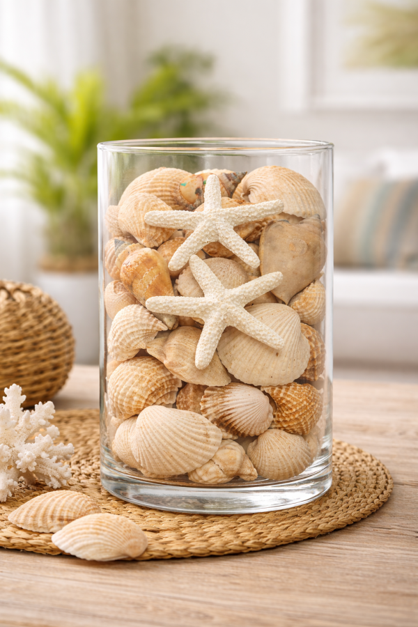 Coastal treasures in a glass vase