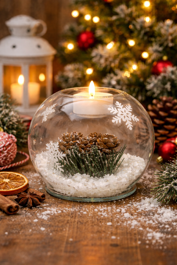 Festive snow globe with candlelight