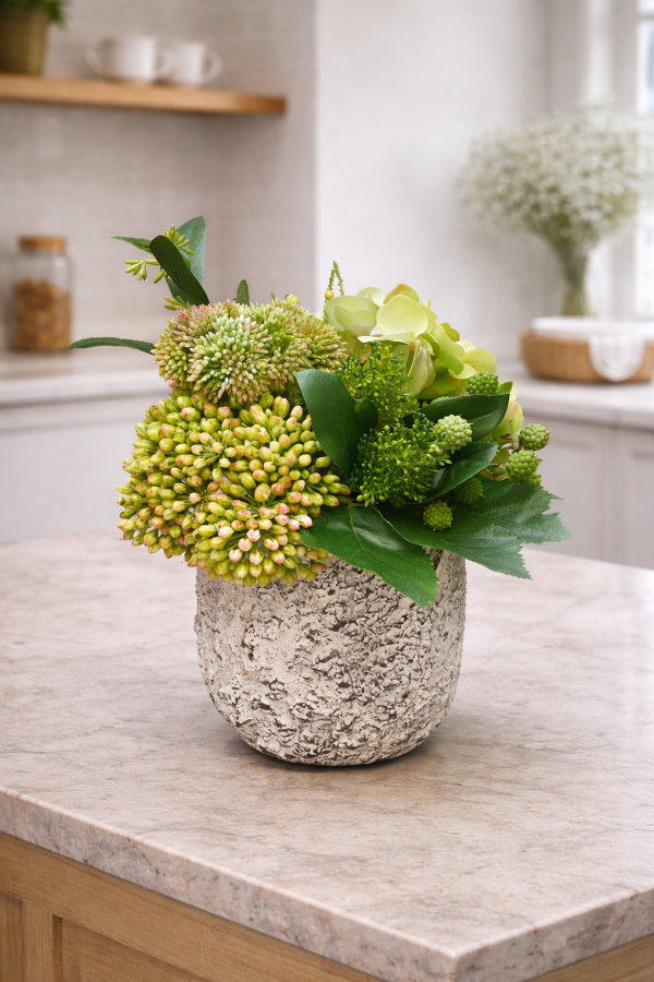 Fragrant green blooms in modern kitchen
